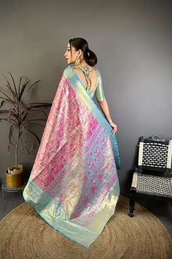 rani pink color kanjivaram silk blend zari weaving saree with blouse 