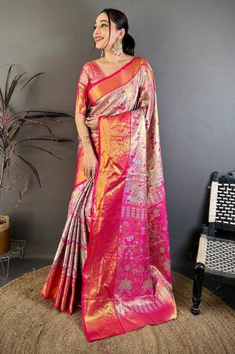 pink color kanjivaram silk blend zari weaving saree with blouse 