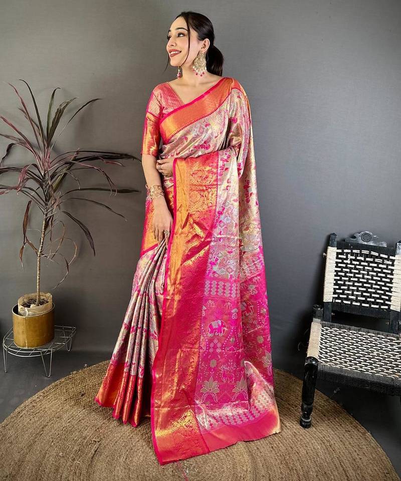 pink color kanjivaram silk blend zari weaving saree with blouse 