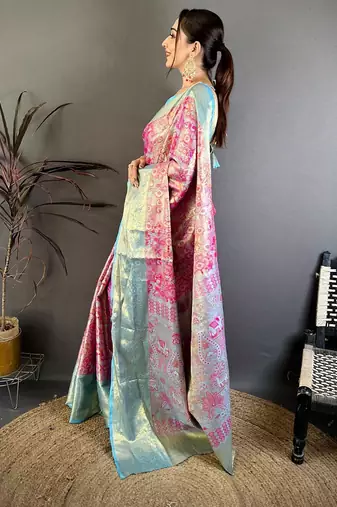 rani pink color kanjivaram silk blend zari weaving saree with blouse 