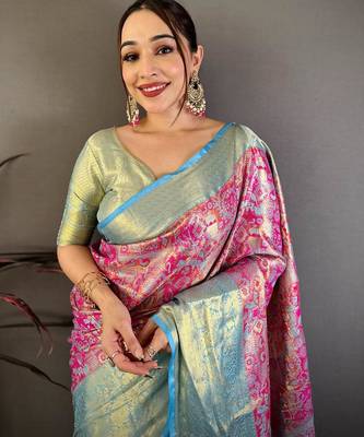 rani pink color kanjivaram silk blend zari weaving saree with blouse  4