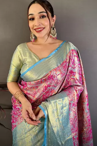 rani pink color kanjivaram silk blend zari weaving saree with blouse 