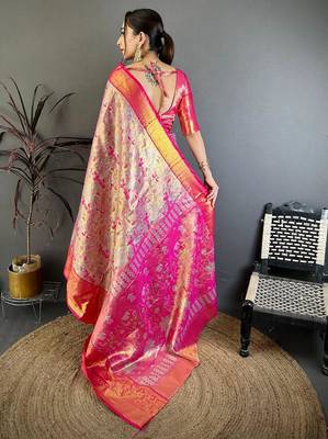 pink color kanjivaram silk blend zari weaving saree with blouse  2