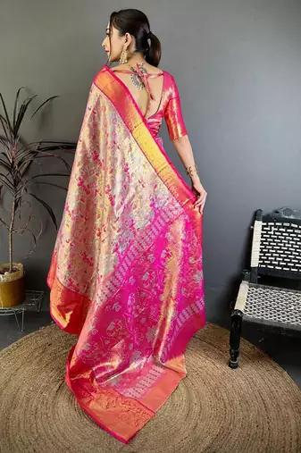 pink color kanjivaram silk blend zari weaving saree with blouse 