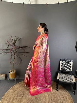 pink color kanjivaram silk blend zari weaving saree with blouse  3