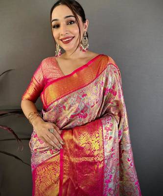 pink color kanjivaram silk blend zari weaving saree with blouse  4