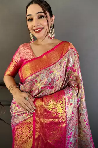 pink color kanjivaram silk blend zari weaving saree with blouse 