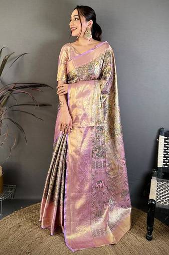 mehendi color kanjivaram silk blend zari weaving saree with blouse 