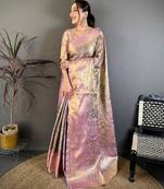 mehendi color kanjivaram silk blend zari weaving saree with blouse 