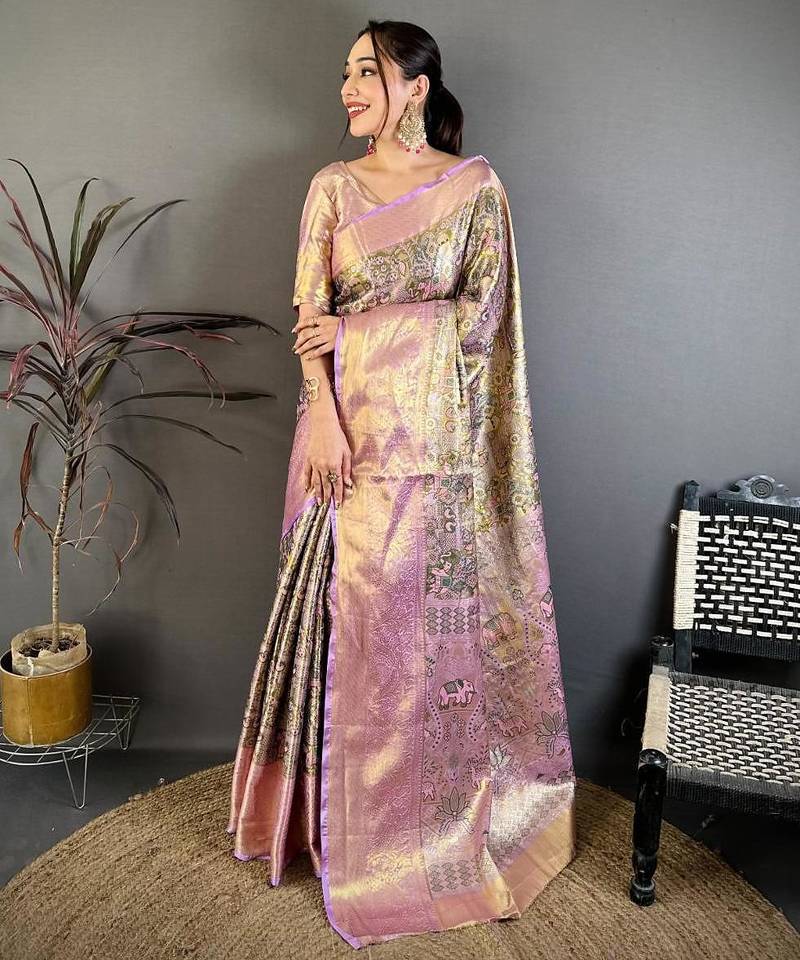 mehendi color kanjivaram silk blend zari weaving saree with blouse 