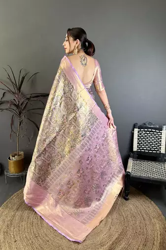 mehendi color kanjivaram silk blend zari weaving saree with blouse 
