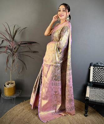mehendi color kanjivaram silk blend zari weaving saree with blouse  3
