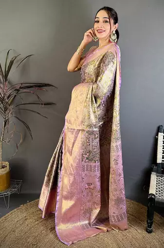 mehendi color kanjivaram silk blend zari weaving saree with blouse 