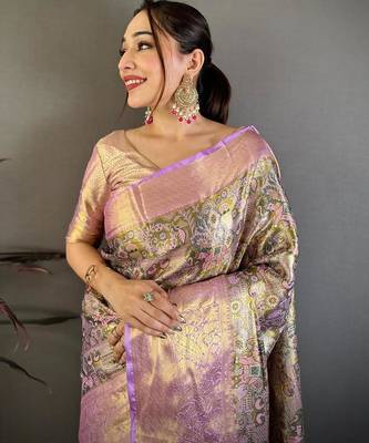 mehendi color kanjivaram silk blend zari weaving saree with blouse  4