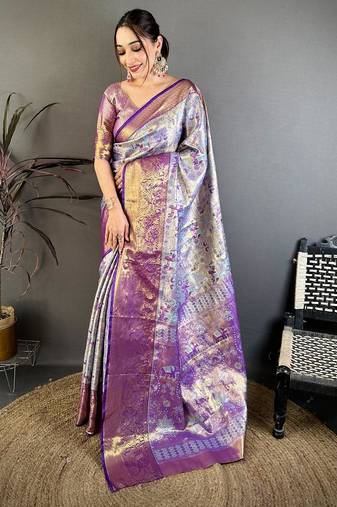 blue color kanjivaram silk blend zari weaving saree with blouse 