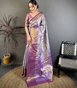 blue color kanjivaram silk blend zari weaving saree with blouse 