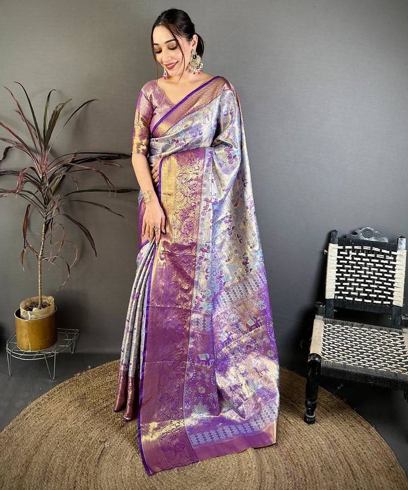 blue color kanjivaram silk blend zari weaving saree with blouse 
