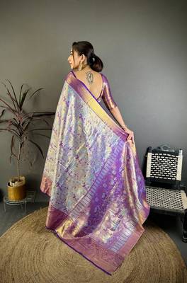 blue color kanjivaram silk blend zari weaving saree with blouse  2