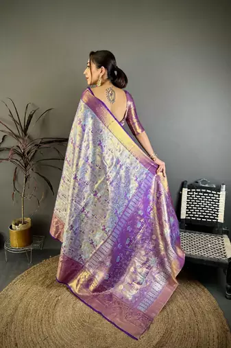 blue color kanjivaram silk blend zari weaving saree with blouse 