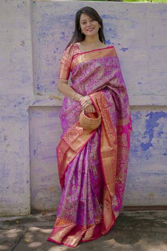 purple color kanjivaram silk blend zari woven wedding saree with blouse