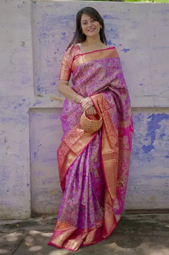 purple color kanjivaram silk blend zari woven wedding saree with blouse