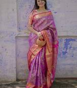 purple color kanjivaram silk blend zari woven wedding saree with blouse