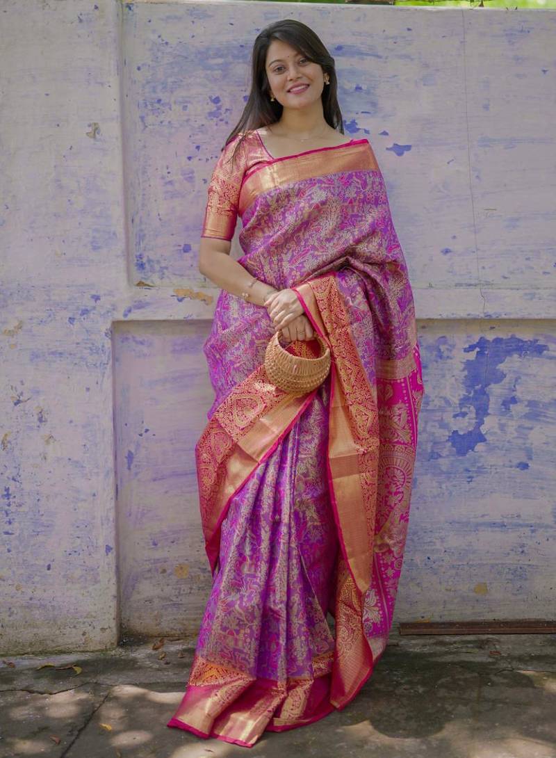 purple color kanjivaram silk blend zari woven wedding saree with blouse
