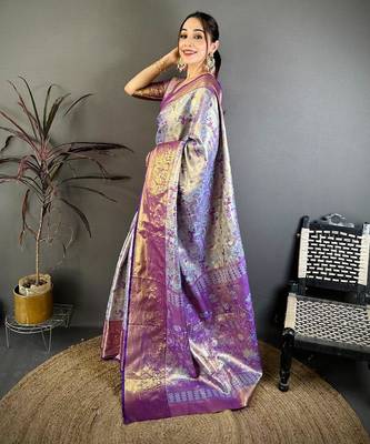 blue color kanjivaram silk blend zari weaving saree with blouse  3