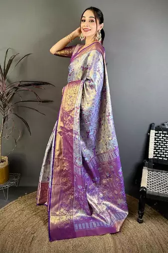 blue color kanjivaram silk blend zari weaving saree with blouse 