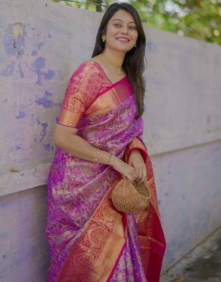purple color kanjivaram silk blend zari woven wedding saree with blouse 2