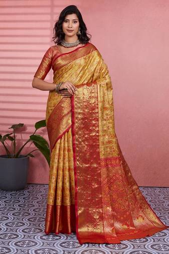 yellow color kanchipuram silk blend zari weaving saree with blouse piece