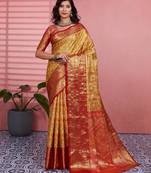 yellow color kanchipuram silk blend zari weaving saree with blouse piece