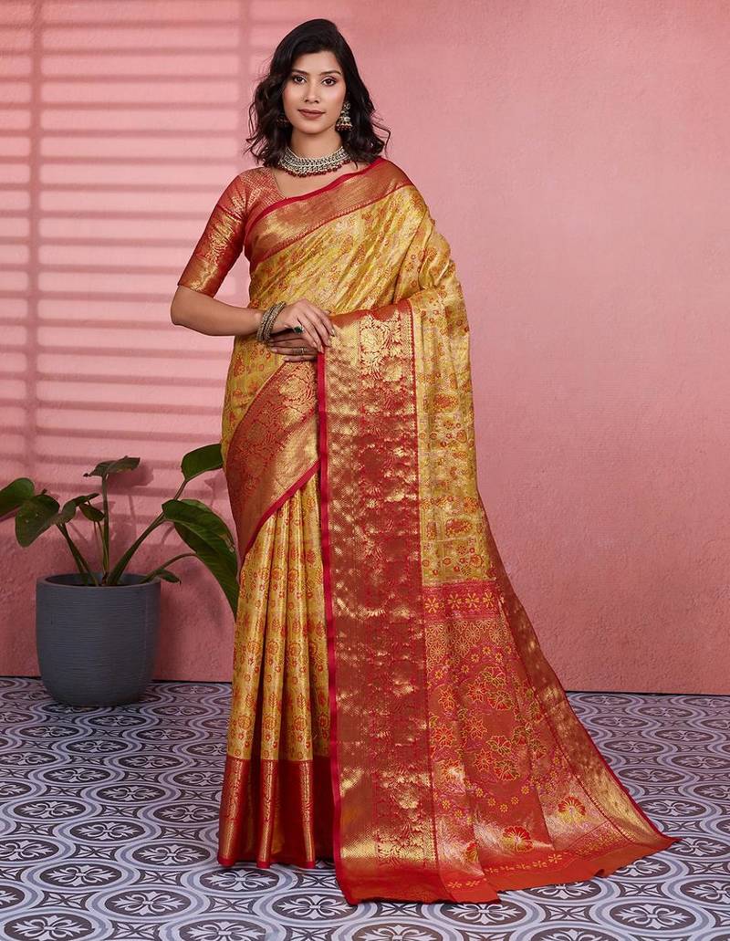 yellow color kanchipuram silk blend zari weaving saree with blouse piece
