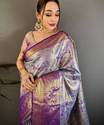 blue color kanjivaram silk blend zari weaving saree with blouse  4