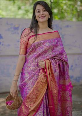 purple color kanjivaram silk blend zari woven wedding saree with blouse 3
