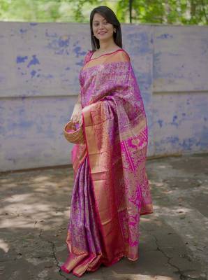 purple color kanjivaram silk blend zari woven wedding saree with blouse 4