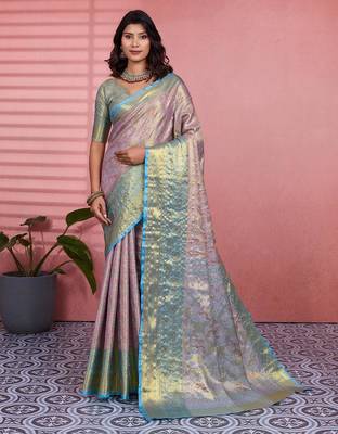 skyblue color kanchipuram silk blend zari weaving saree with blouse piece 1