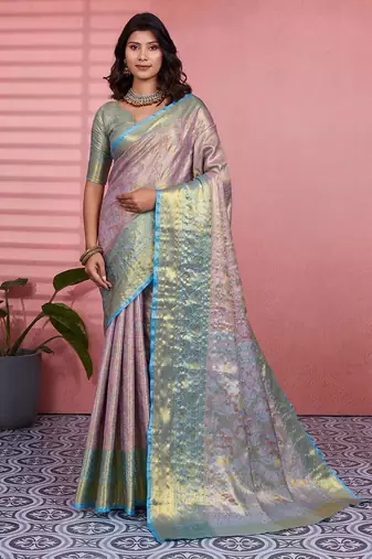 skyblue color kanchipuram silk blend zari weaving saree with blouse piece