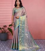skyblue color kanchipuram silk blend zari weaving saree with blouse piece