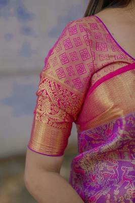 purple color kanjivaram silk blend zari woven wedding saree with blouse 5