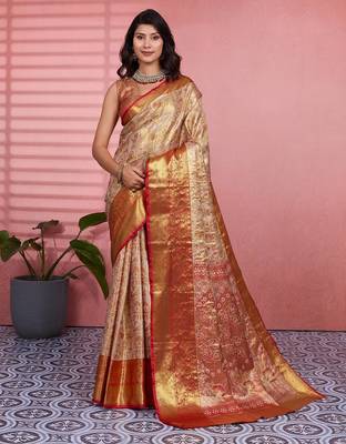 red color kanchipuram silk blend zari weaving saree with blouse piece 1