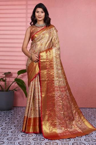 red color kanchipuram silk blend zari weaving saree with blouse piece