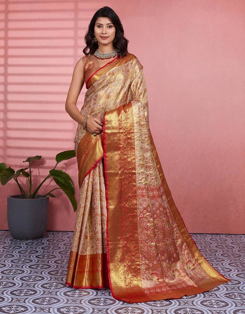 red color kanchipuram silk blend zari weaving saree with blouse piece