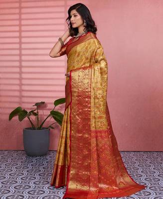 yellow color kanchipuram silk blend zari weaving saree with blouse piece 3
