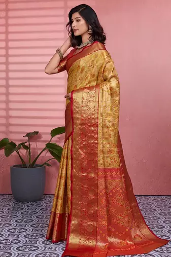 yellow color kanchipuram silk blend zari weaving saree with blouse piece