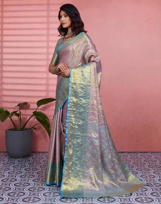 skyblue color kanchipuram silk blend zari weaving saree with blouse piece 3