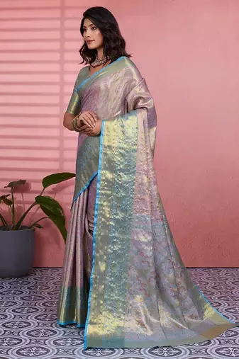 skyblue color kanchipuram silk blend zari weaving saree with blouse piece