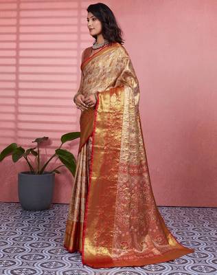 red color kanchipuram silk blend zari weaving saree with blouse piece 3