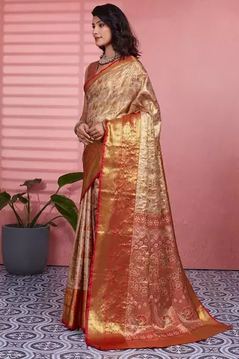 red color kanchipuram silk blend zari weaving saree with blouse piece