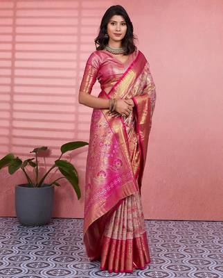 pink color kanchipuram silk blend zari weaving saree with blouse piece 1